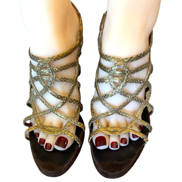 Salvatore Ferragamo Gold & Brown Suede Wedge Sandals - Picture 1 of 10